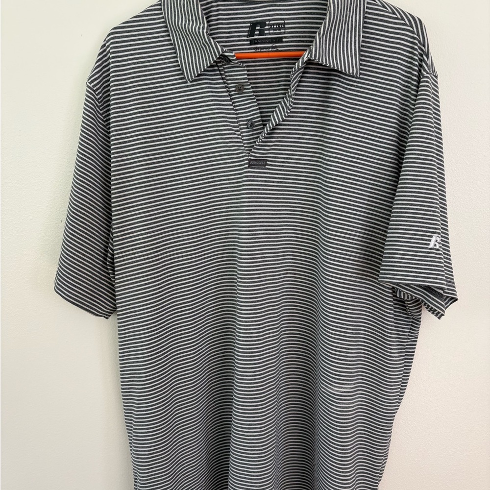 Russell Athletic Gray & White Horizontal Stripe Polo